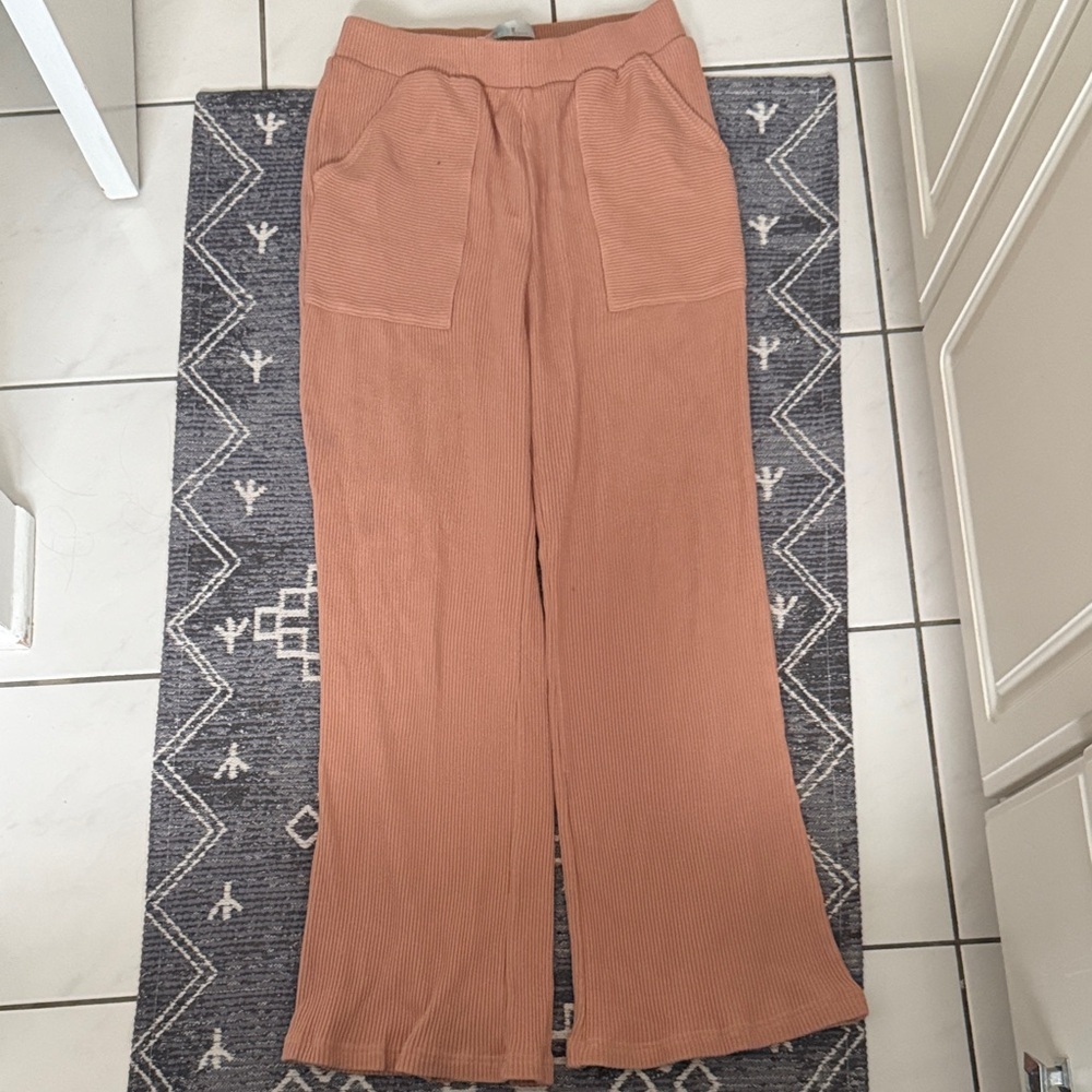 Free People Beach Ribbed High Rise Square Pocket Flare Sweat Lounge Pants Peach